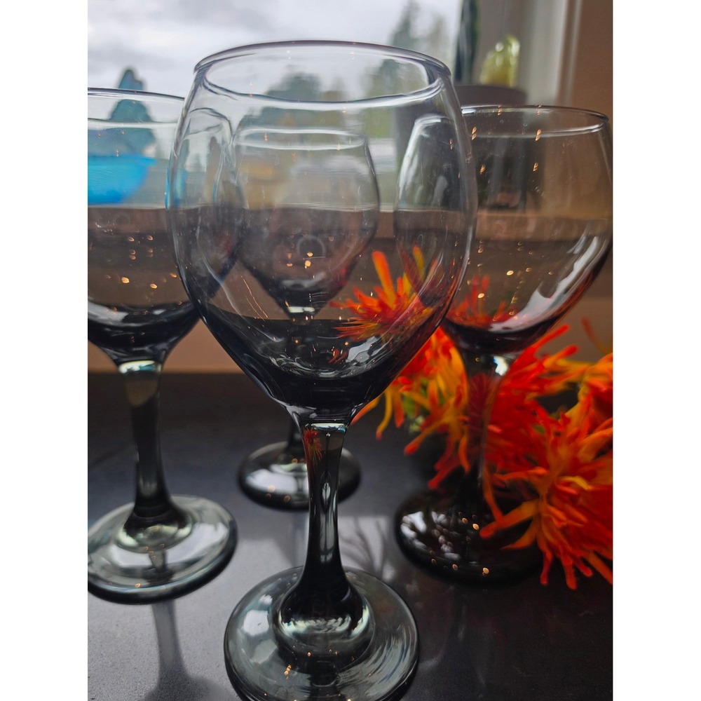 Vintage Smoky Glass Goblets Set of 4 – Black Smoke Stems
